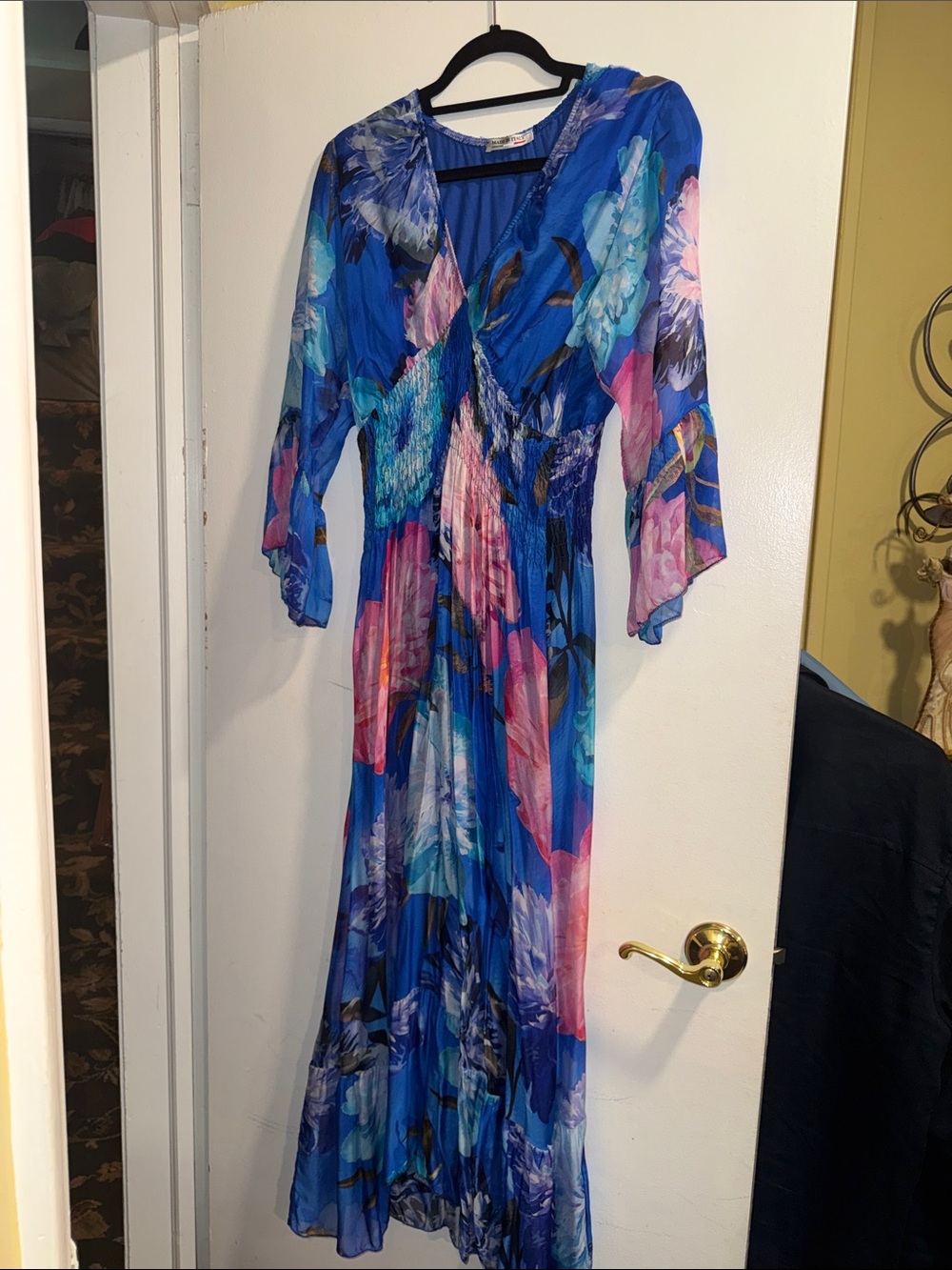 Silky Royal Blue Floral Wrap Maxi Dress with Pink Accents